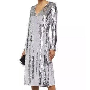 GANNI Sonora Silver Wrap Sequin Midi Dress 34 US 2